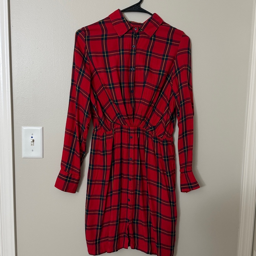 Red Plaid Button-Up Dress